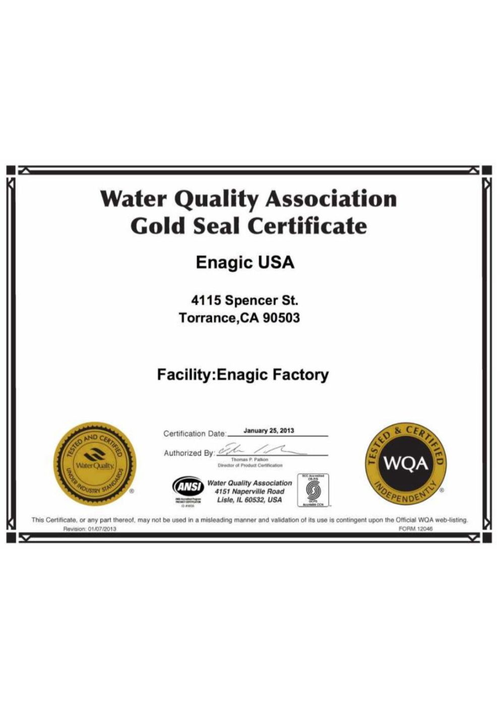 Water Quality Association Gold Seal Certificate